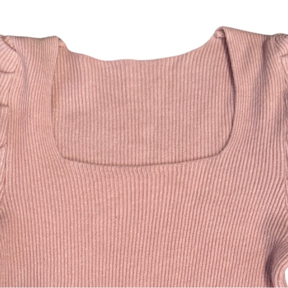 Ruched Square Neck Pink Ribbed Knit Long Sleeve Sweater Size Small - Picture 6 of 6